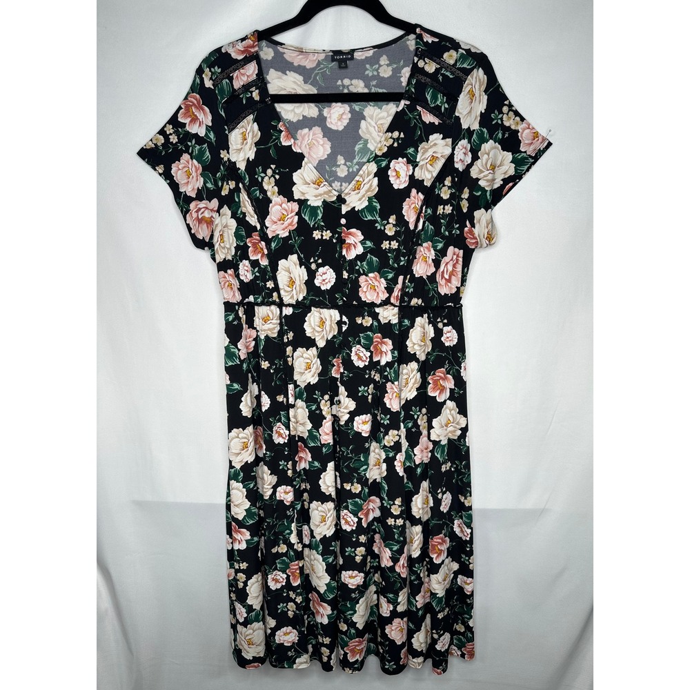 Torrid Black Floral Rose V-Neck Lace Trim Midi‎ Dress Plus Size 3 3X